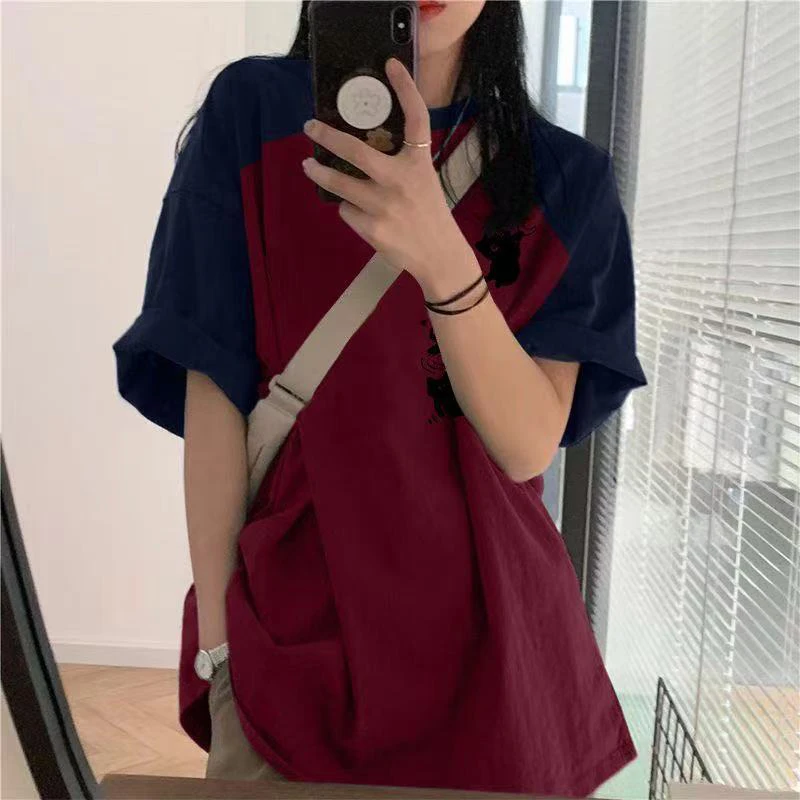 2025 Summer Cat Women O Neck Short Sleeve T Shirt Cotton Comfortable Teenager Vintage Spliced Hit Color All-match Loose Clothing