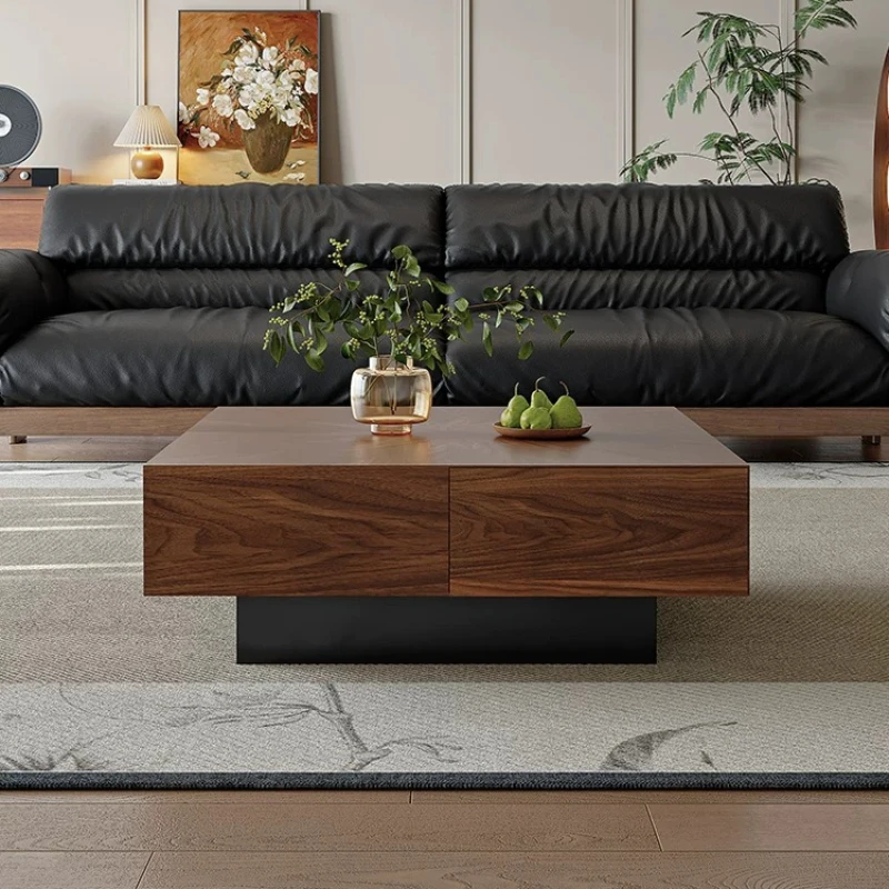 Mid-Century Walnut Veneer Inlay Storage Coffee Table Retro Square Multi-Drawer Designer Tea Table for Apartment Living Room