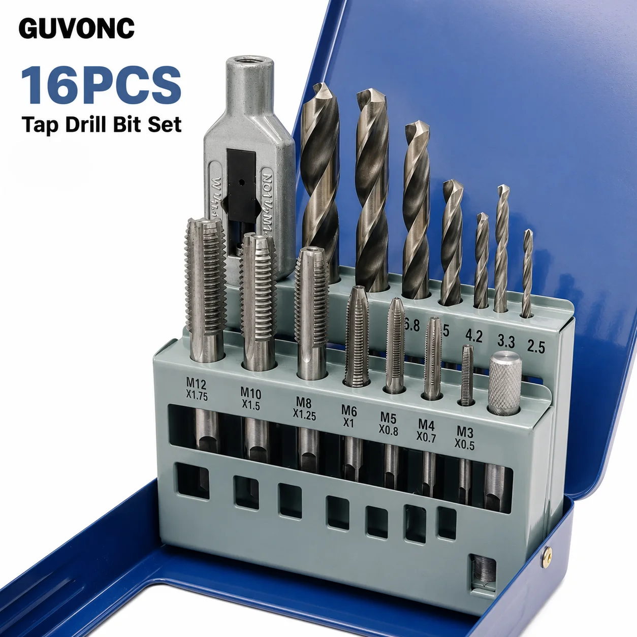 HSS Metric Tap & Drill Bit Kit 16PCS M3‑M12 Thread Tapping Tool Set with Organized Metal Box for Workshop Repair