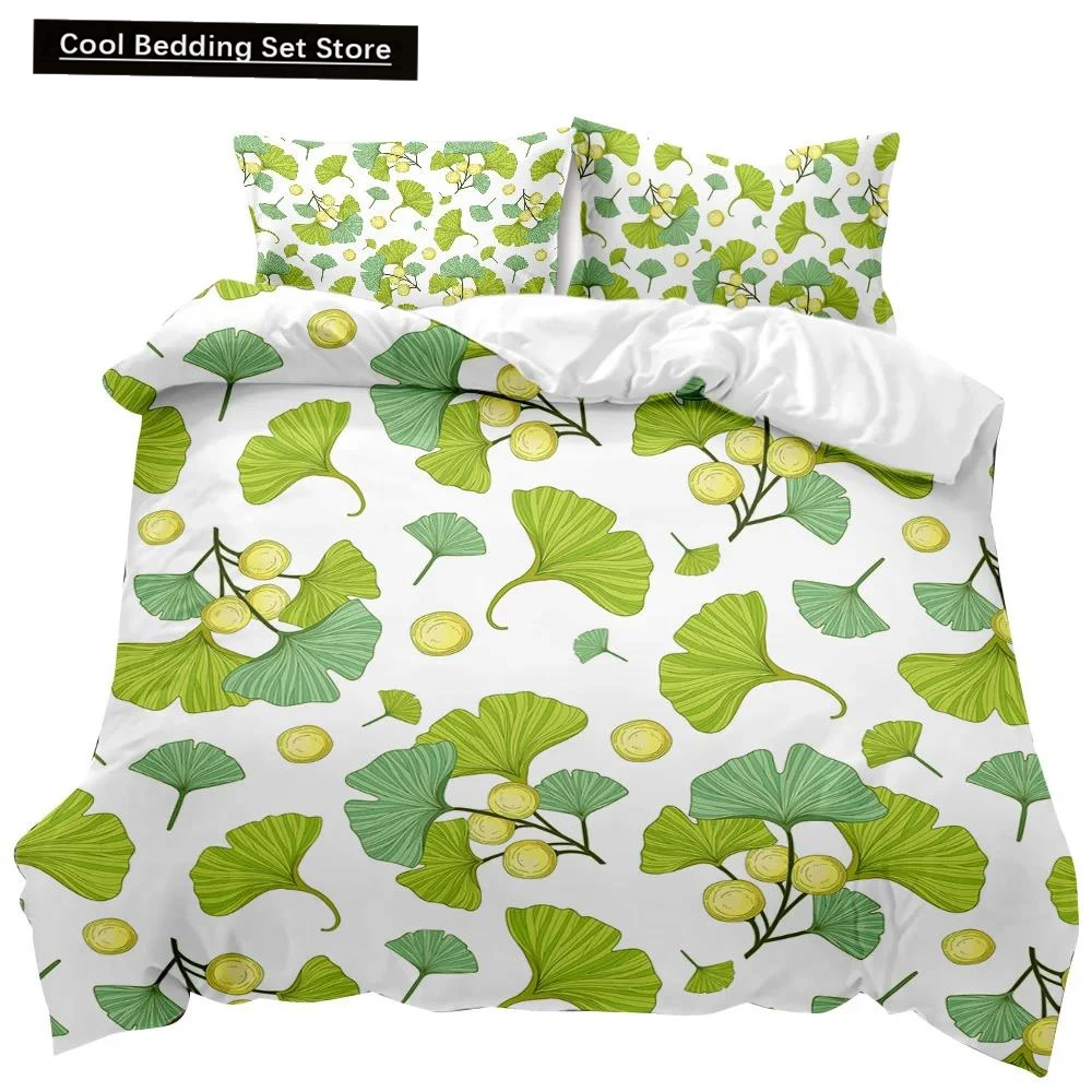 Plant Duvet Cover Set Green Ginkgo Biloba Plant Theme Bedding Set for Kids Teens Double Queen King Size Polyester Qulit Cover