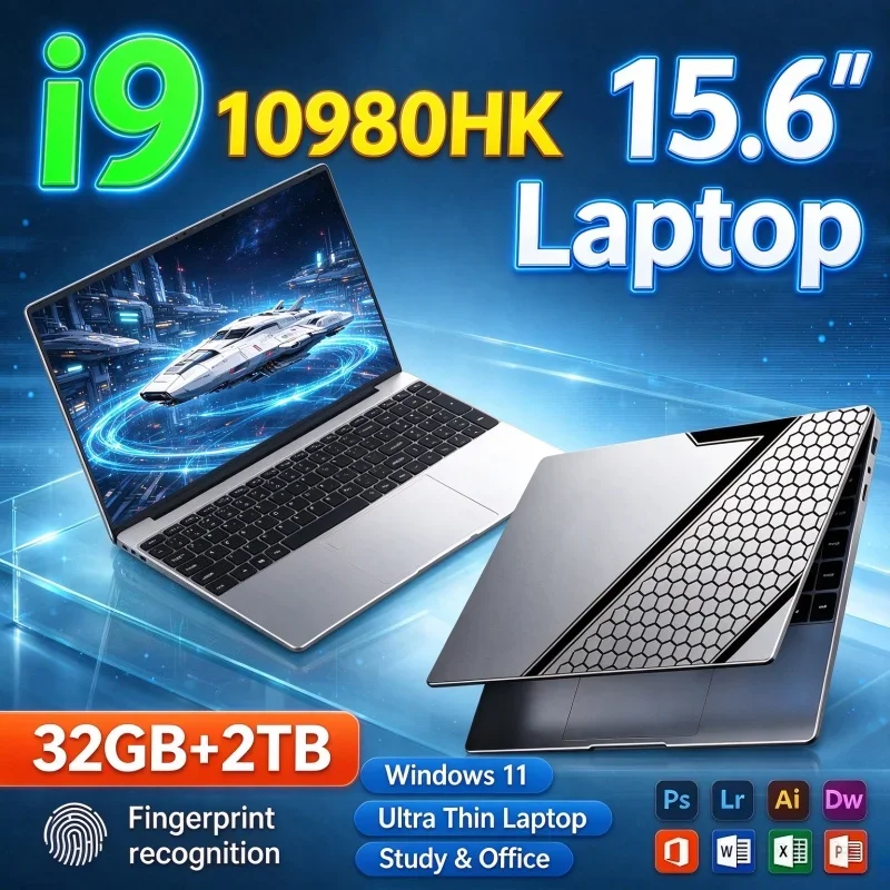 Portable 15.6'' Fingerprint Unlock Notebook Intel I9 10980HK 32GB RAM 1TB/2TB SSD Windows11 Lightweight Office Gaming Laptop PC