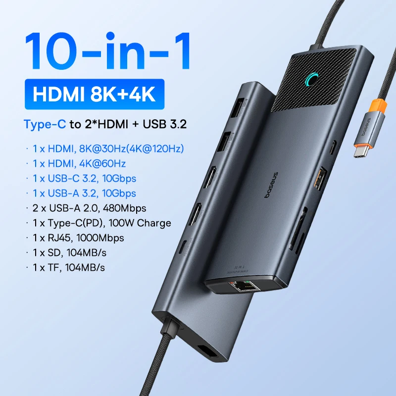 Baseus USB C HUB Dual HDMI 8K 4K Adapter 10-in-1 USB 3.2 10Gbps Splitter met RJ45 SD TF Type C PD 100W voor MacBook Pro Air HUB - afbeelding 1