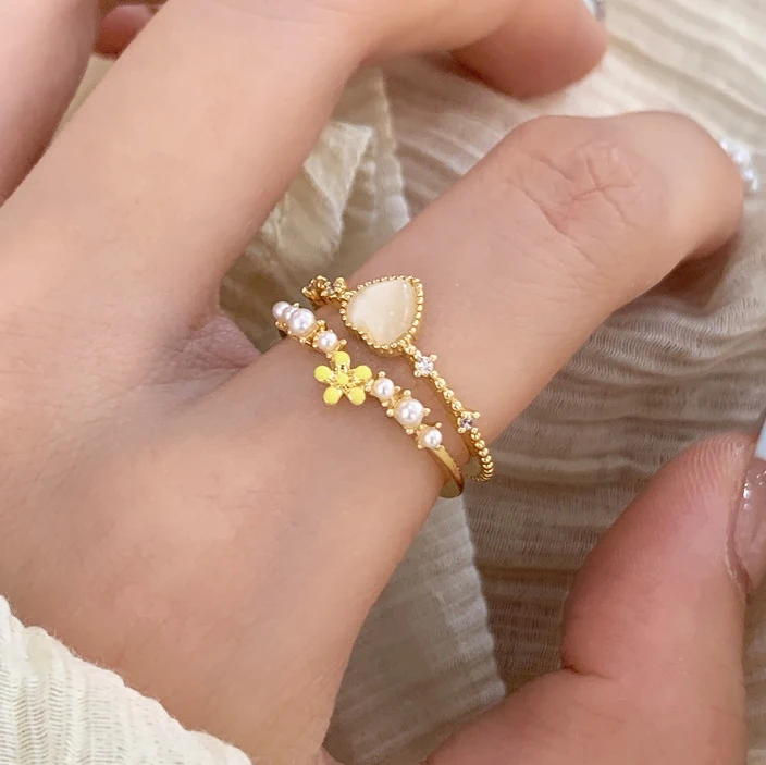 

Silver Plating Zircon Imitation Pearl Heart Flower Opening Rings for Women Party Cute Fashion Jewelry Plant Accessories