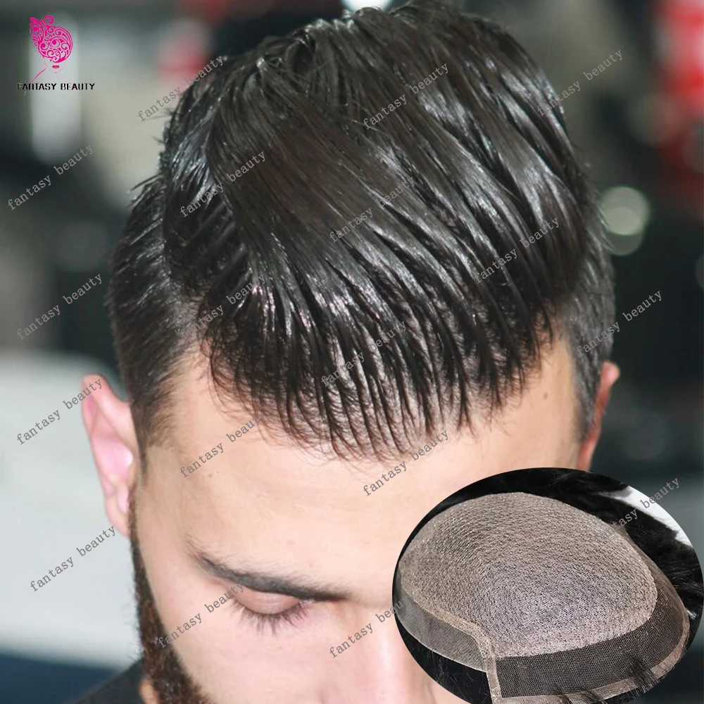 Peruca Masculina de Cabelo Humano Natural Preto com Topo de Seda Respirável e Frente de Renda, Prótese Capilar Virgem Super Durável com Base de Seda