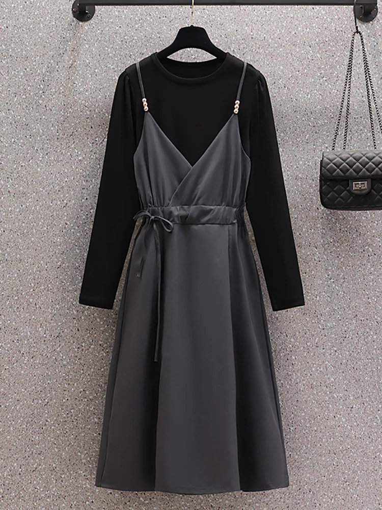 Autumn Winter Korean Vintage Elegant Chic Two Piece Dress 2024 Women Long Sleeve Pullovers+Bandage Sling Long Dress Two Pice Set