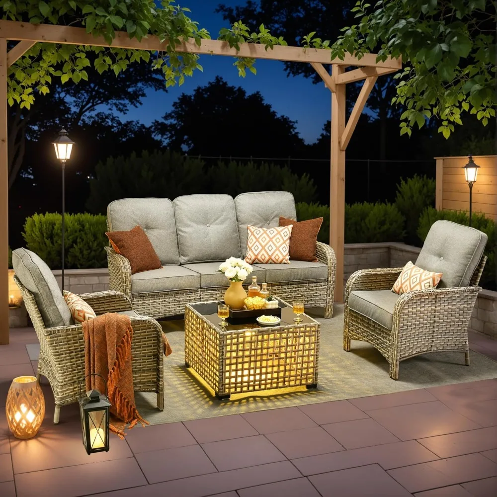 

4-Piece Outdoor Patio Furniture Set,All Weather Wicker Rattan Patio Seating Sofa and Chair Set with Glowing Coffee Table,Outdoor
