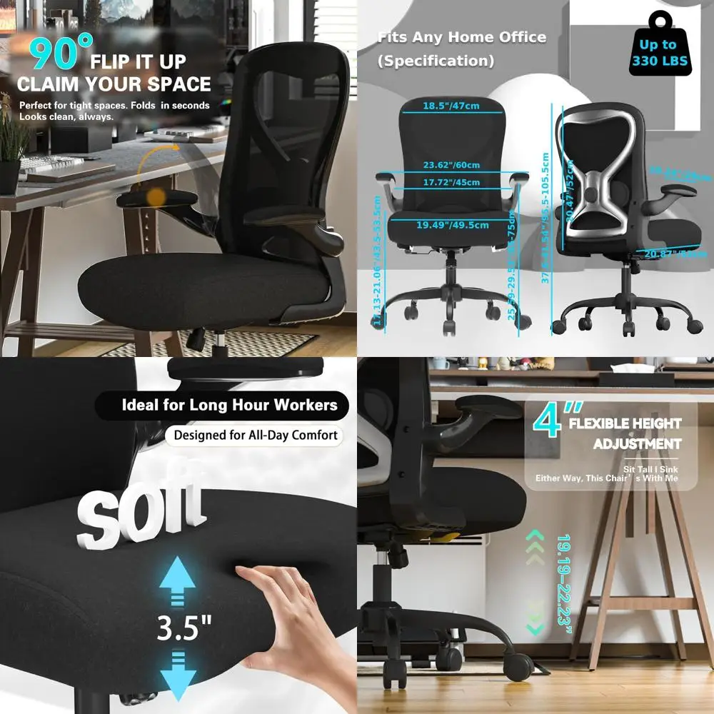 Office Desk Chair with Ergonomic Lumbar Support, Extra-Thick Seat Cushion, Flip-up Arms, Breathable Mesh Back, Computer Task Cha