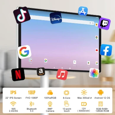تلفزيون محمول 32 بوصة يعمل بنظام Android OS وشاشة لمس لاسلكية 6 + 128 جيجابايت مع بطارية وتلفزيون ذكي قائم على الأرض قابل للتعديل بالكامل