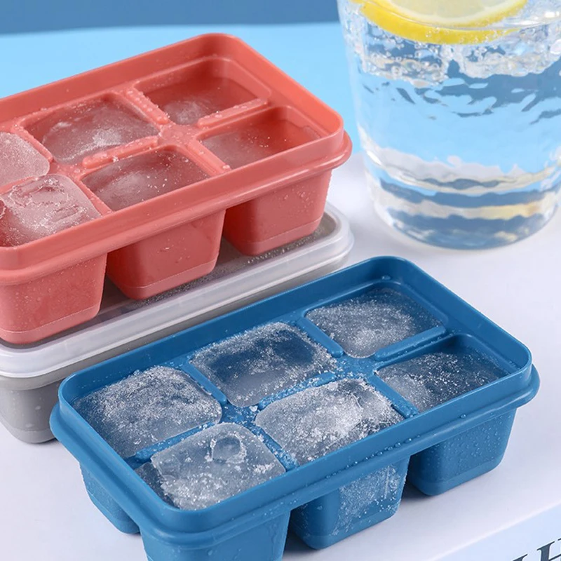 Silicone Ice Cube Mould with DIY Lid 6 Grid Soft Bottom ce Cube Mold Square Fruit Ice Cube Maker Tray Kitchen Bar Tools Acces