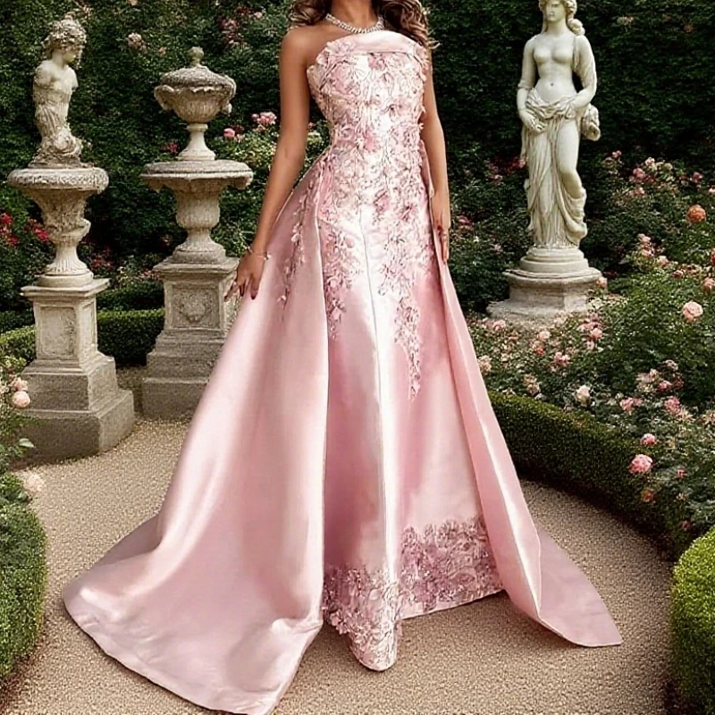 Elegant Pink Evening Dresses A Line 2 In 1 Sexy Sleeveless Appliques Flowers Prom Gowns Fashion Vestidos De Fiesta Customized