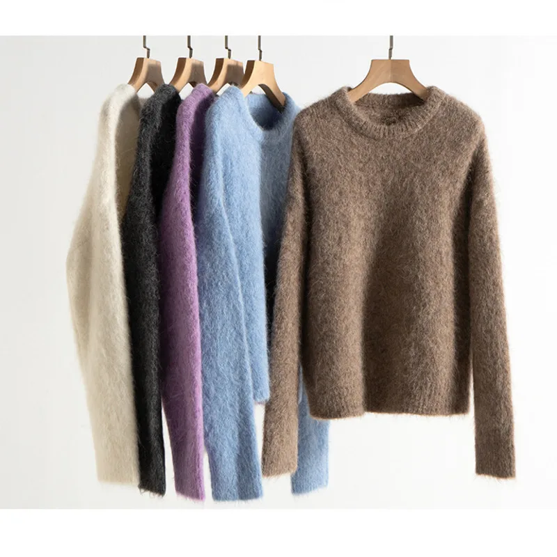 Women\'s Alpaca Wool thick Sweater winter Round Neck Loose Solid Color Knit Pullovers Top