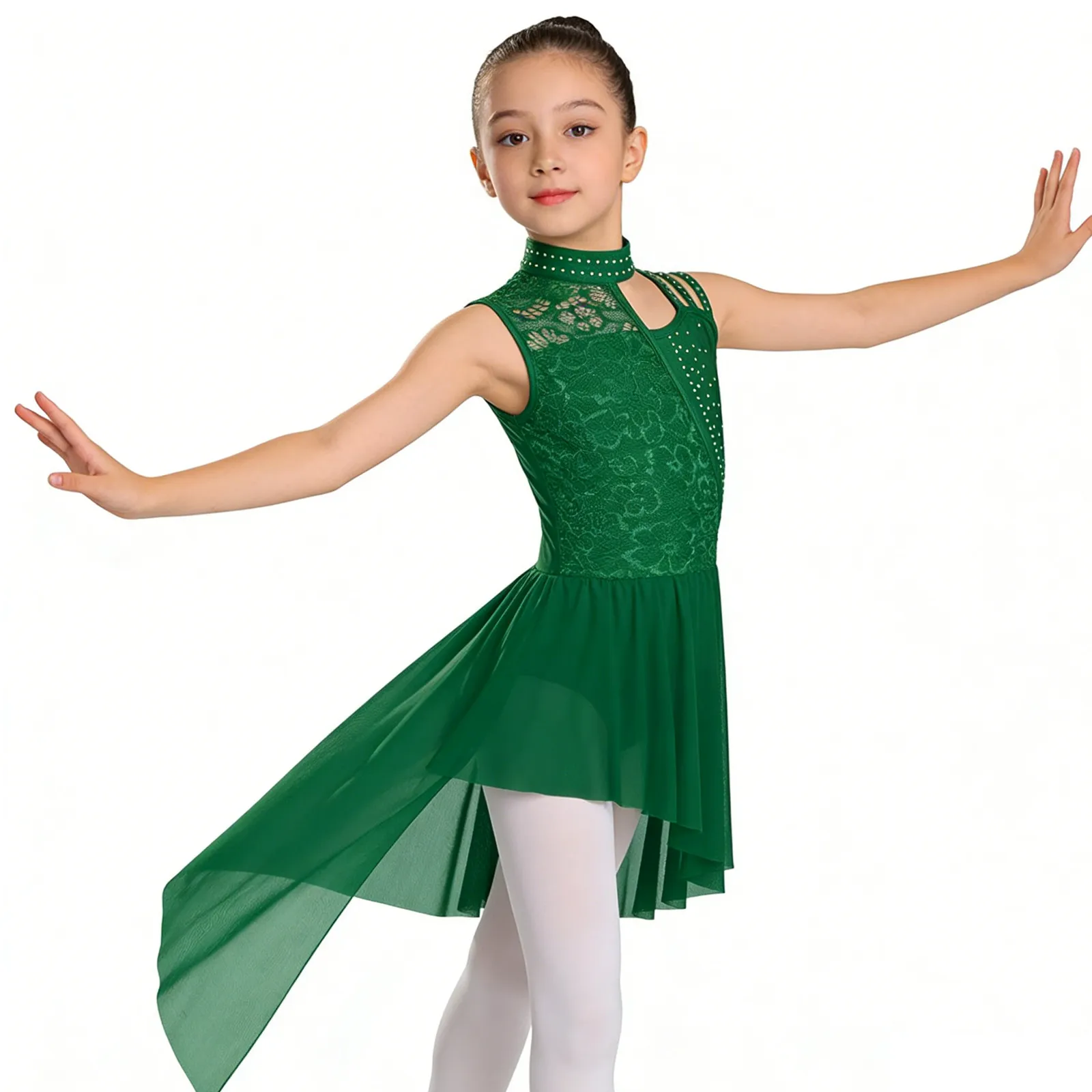 Kids Girls Shiny Rhinestones Ballet Jersey Leotard Dress Gymnastics Artistic Figure Skating Lyrical Dance Performance Costume view 3