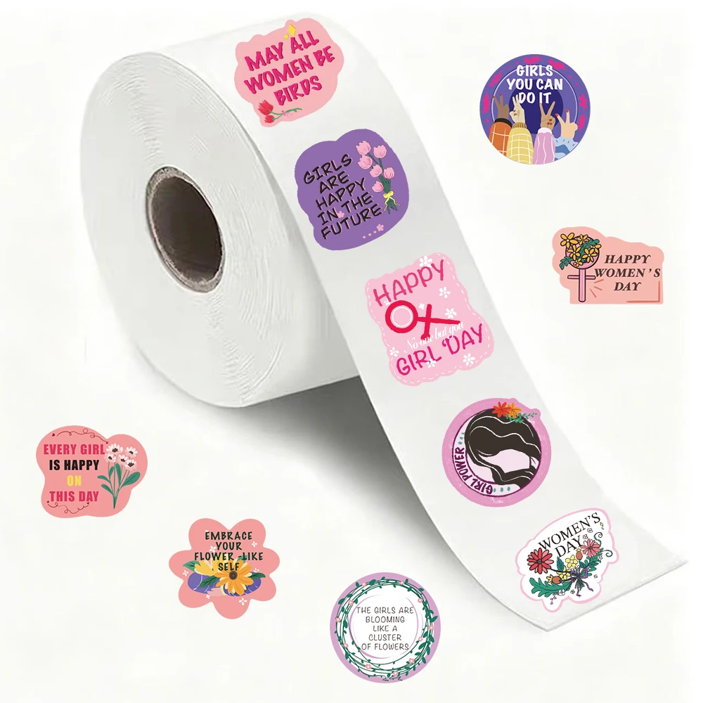 500PCS Women's Day roll up stickers, 10 pattern styles, decorative phone cases, gift boxes, guitars, waterproof stickers