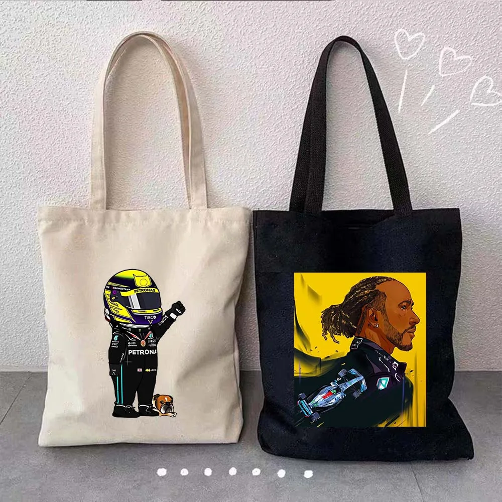 F1 Lewis Hamilton 44 Pride Helmdruck Shopper Canvas Baumwoll-Einkaufstasche Formel-1 Racing Racer Sportwagen UK-Flagge Schulterhandtasche