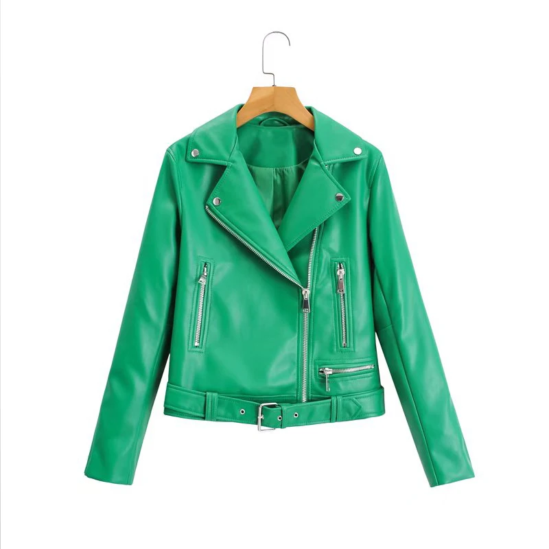 Green Women\'s spring fall leather jacket Korean style Short Zipper motorcycle jacket PU coat Female Clothing INKEO 2O031