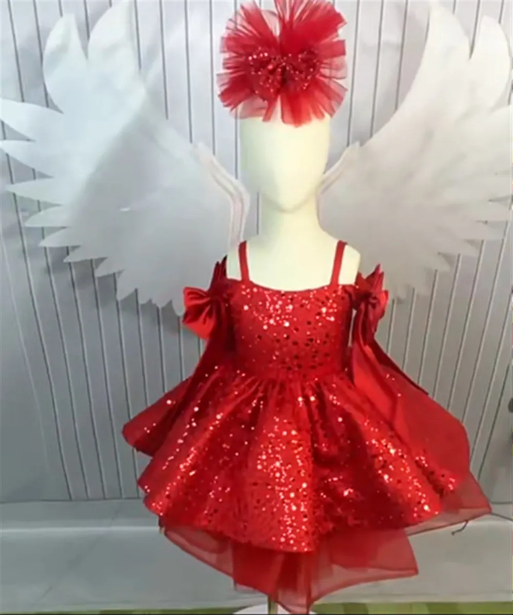 

Flower Girl Wedding Red Sequin Party Dress Puffy Tulle Princess Gown for Kids Birthday Christmas Celebration Pageant Formal Wear