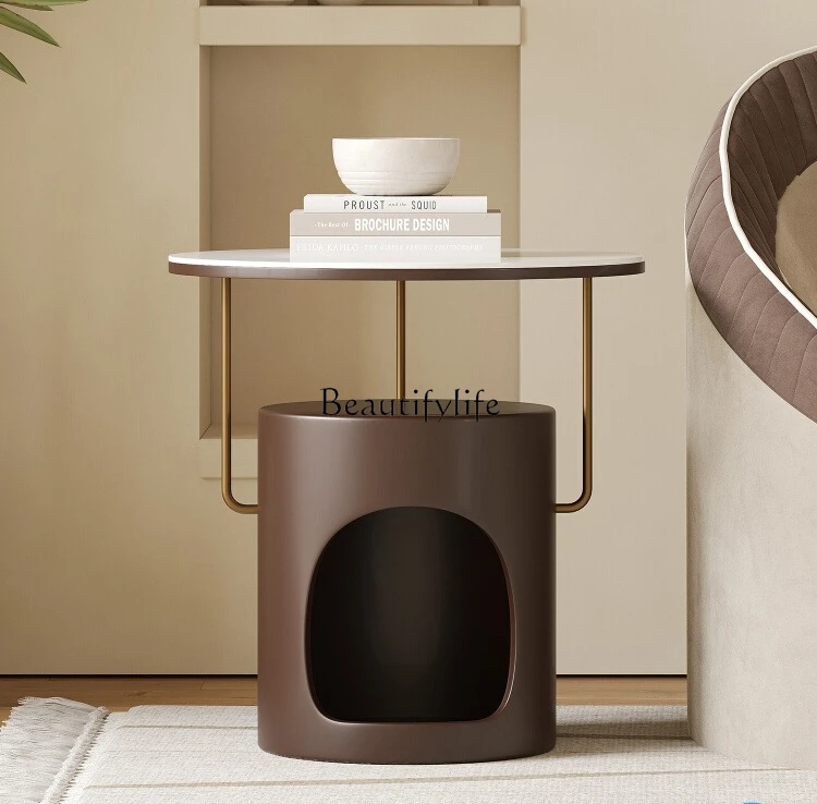 

*Wabi Sabi wind round rock slab living room sofa side few light luxury high-end sense simple modern cat nest side few