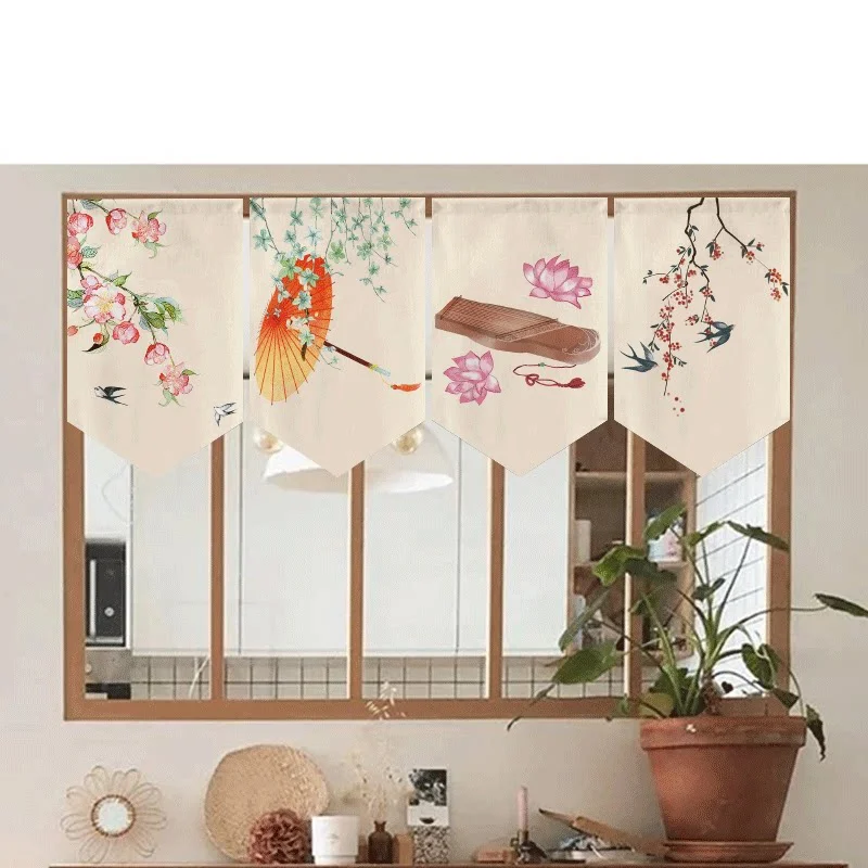 VIKAMA Chinese Ink Spring Peach Triangle Curtain, 6 Designs, Doorway Decor for Bedroom Living Room Kitchen