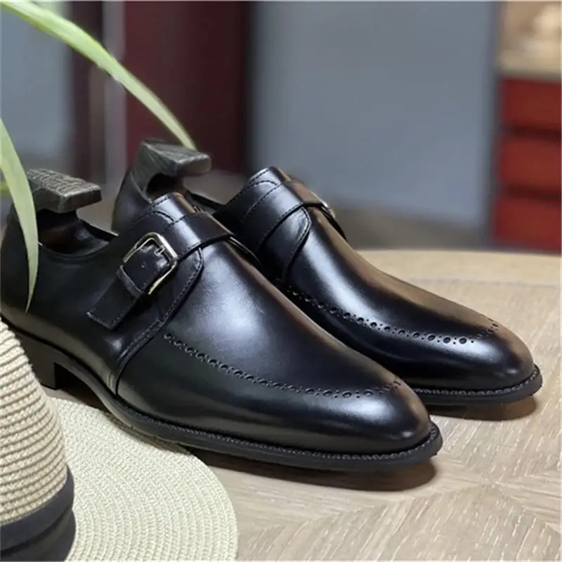 Men Classic Monk Shoes Handmade Leather Square Toe Belt Buckle Breathing Hole Fashion Business Casual Daily Men Shoes