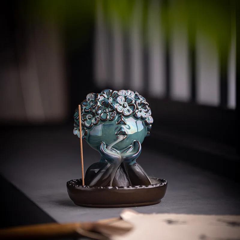 Beautiful woman blue backflow incense burner creative ceramic portrait incense pedestal home yoga room decoration incense burner