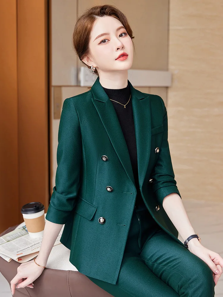 Fashion Pant Suit Women Business Work Wear Double Breasted Blazer And Trouser Black Red Green Formal 2 Piece Set With Pocket