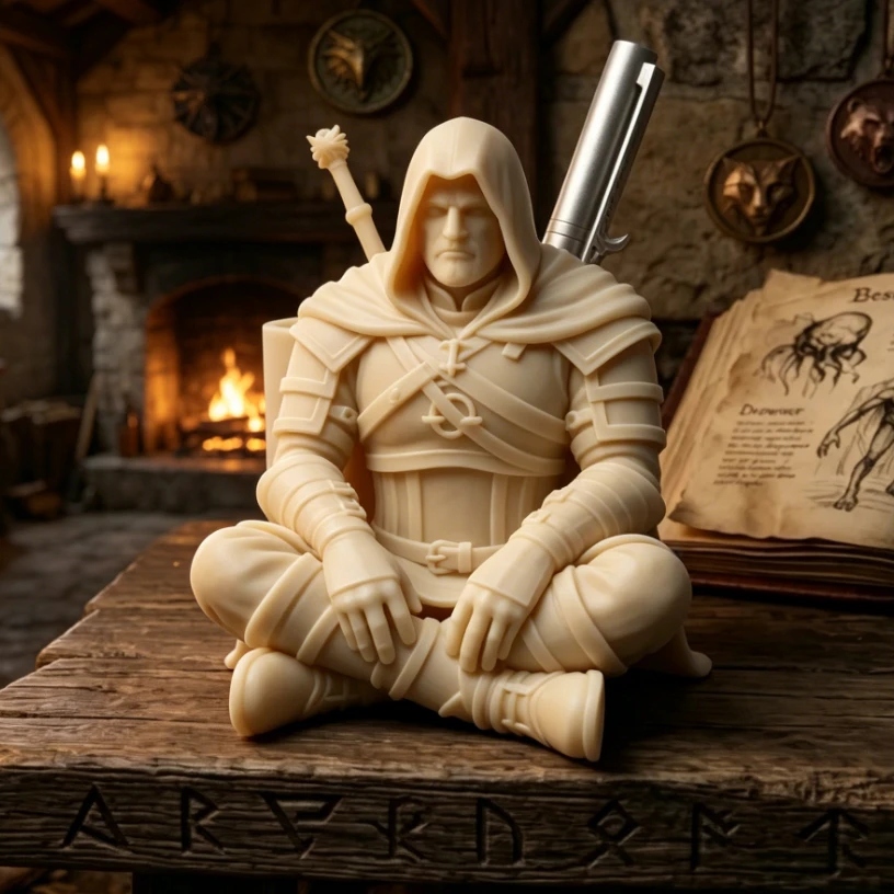 3D Printed Medieval Wizard Pen Holder Desktop Ornament Wizard Knight Statue Office Desk Decor Stationery Organizer Unique Gift