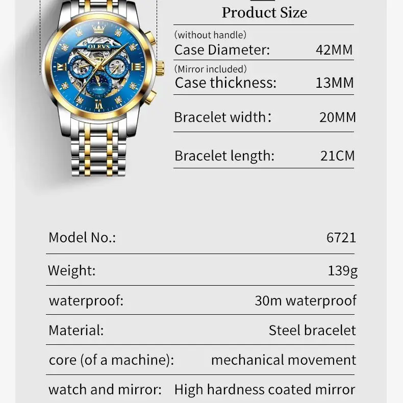 OLEVS 6721 ساعة رجالية فاخرة أصلية ساعة ميكانيكية أوتوماتيكية مقاومة للماء مضيئة مرحلة القمر ساعة مجوفة للرجال ساعة أصلية
