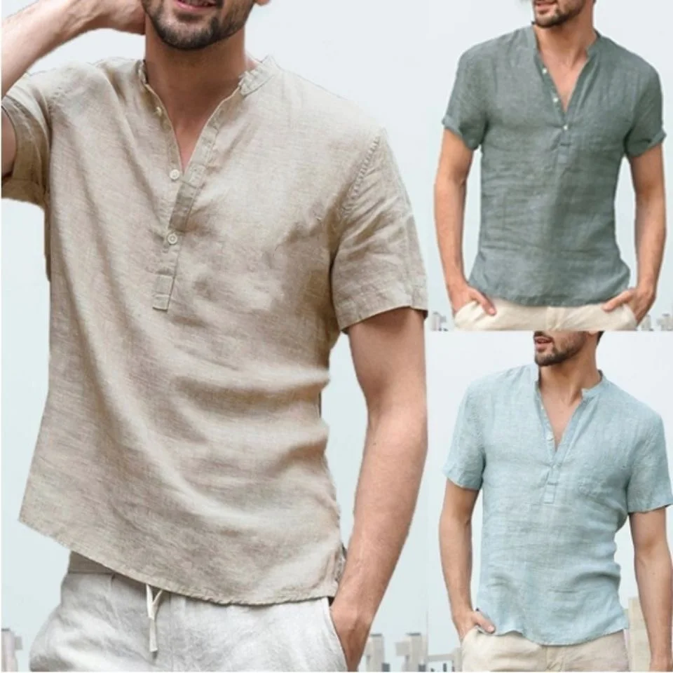 

Men's plus size cotton linen short sleeved shirt, summer solid color stand up collar casual lightweight top, seaside vacation st