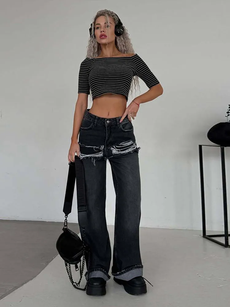 

Elegant Tassel Denim Long Pants For Women Hole Dropped Waist Straight-leg Trousers 2025 Summer Summer Fashion Female CasualPant