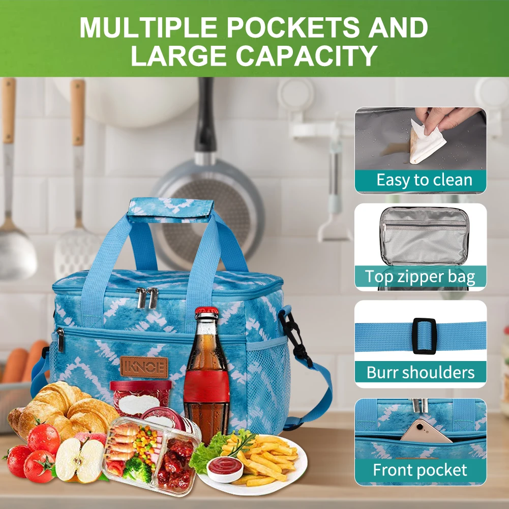 Bolsa de almuerzo con aislamiento de tira de onda azul, fiambrera térmica portátil, impermeable, para trabajo de Picnic, bolsa de calor para estudiantes con correa ajustable