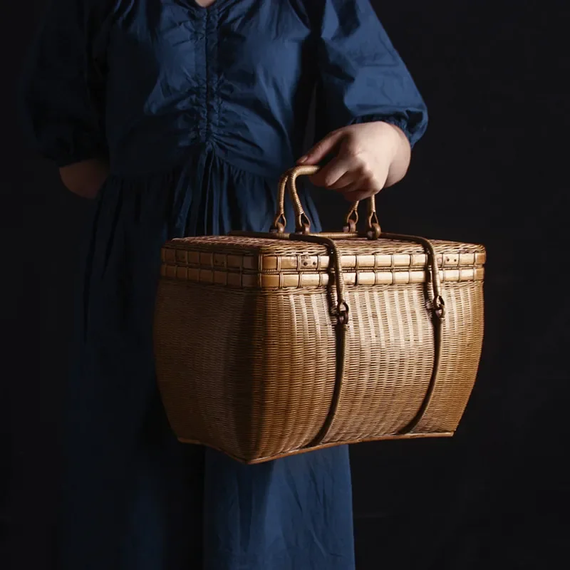 Handmade Bamboo Woven Tea Storage Box Portable Tea Set Organizer Bag Traditional Chinese Tea Ceremony Cage for Travel and