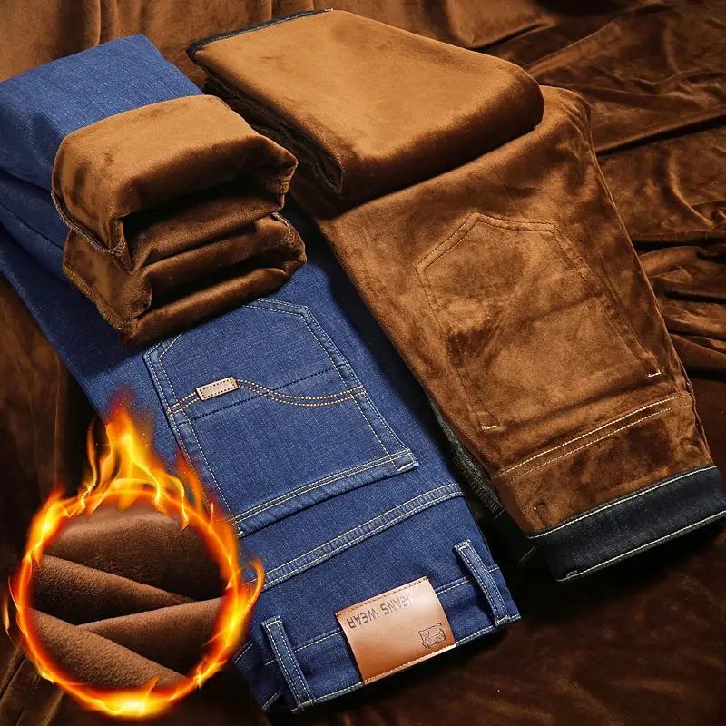 

Мужские осенне-зимние утепленные джинсы на флисовой подкладке, мужские свободные прямые эластичные джинсовые брюки, большие размеры, сине-черные брюки