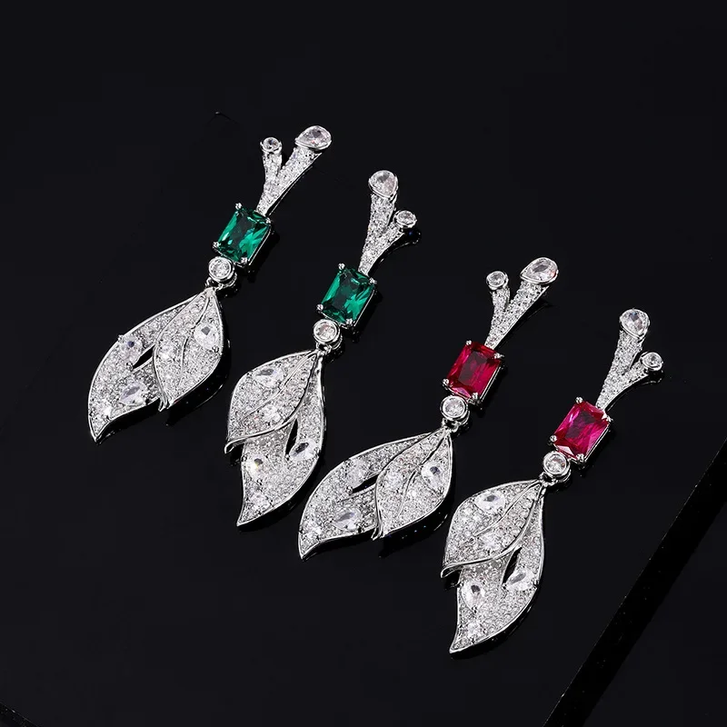 

Charms Red Crystal Dangle Earrings with Leaf Flower Design Exquisite Luxurious Women's Accessory for Cocktail Party Dance Dress