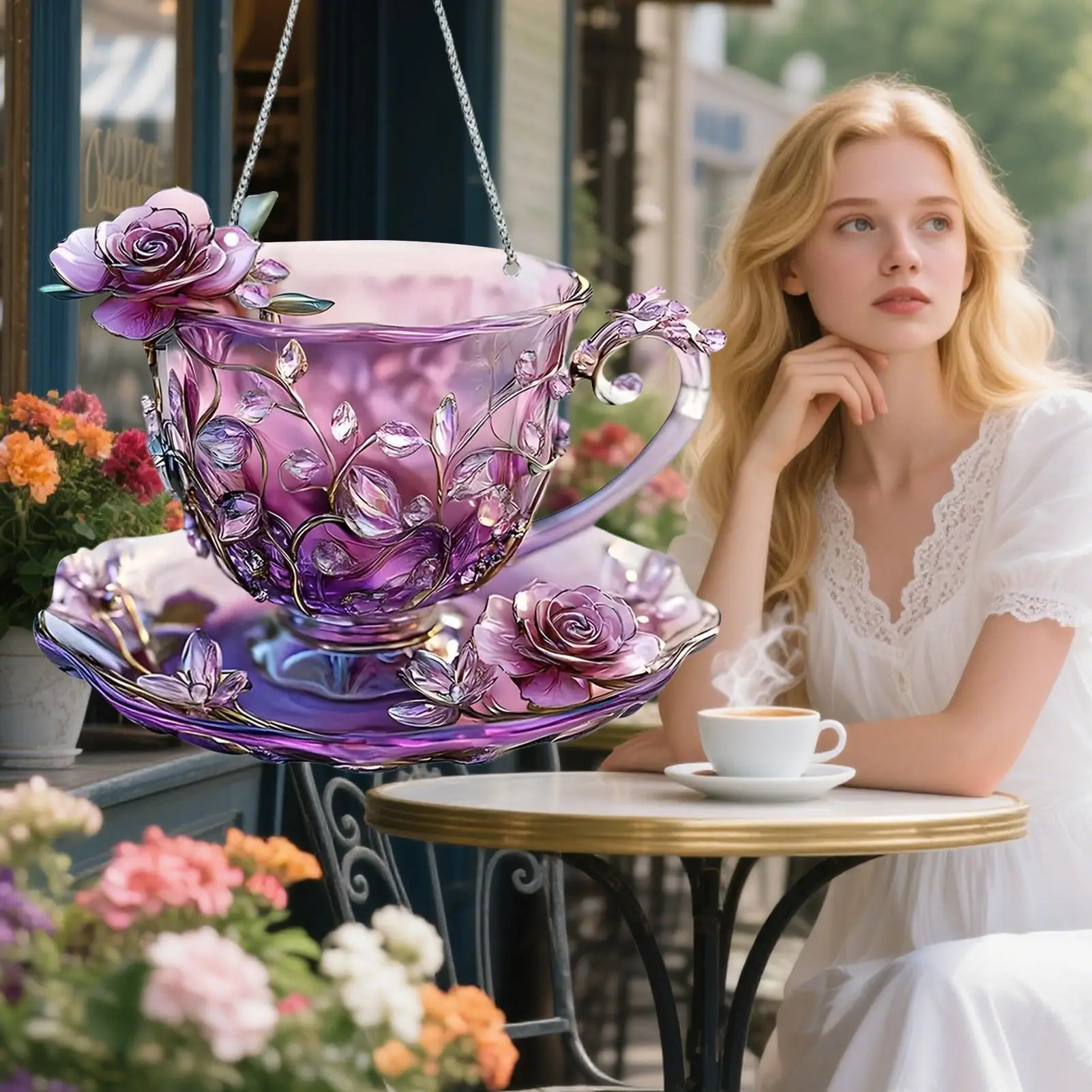 2D Acrylic Ornament Flower Coffee Cup Flat Acrylic Pendant Embossed Design Sunlight Catching Decoration for Indoor Outdoor