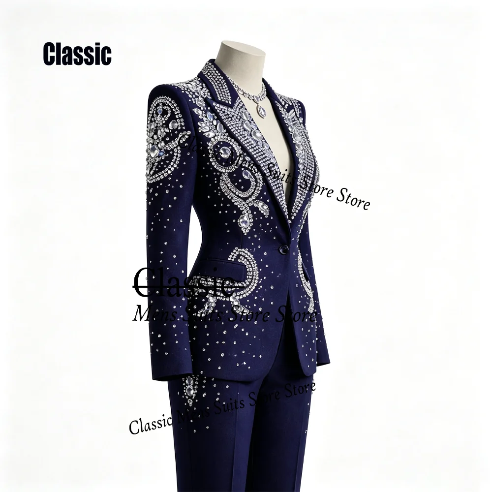 Customized Rhinestone Crystal Tuxedo Men Suit Handsome Sequin Male Prom Blazers 2 Pieces Set Wedding Groom Diamond Ropa Hombre