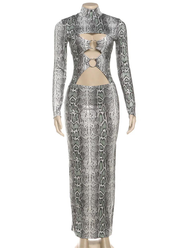 فستان Sisterlinda محب من جلد الثعبان للنساء مثير على الصدر بحلقة معدنية مجوفة وياقة مدورة على شكل خوخ وورك للشارع قابل للتمدد ماكسي ضيق #1