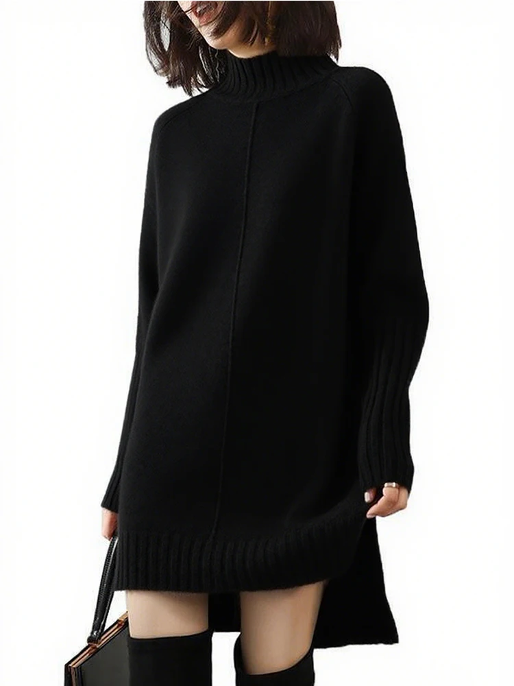 Vestido negro a la moda para mujer, informal, holgado, de manga larga, Color contrastante, medio cuello alto, elegante, suéter para mujer