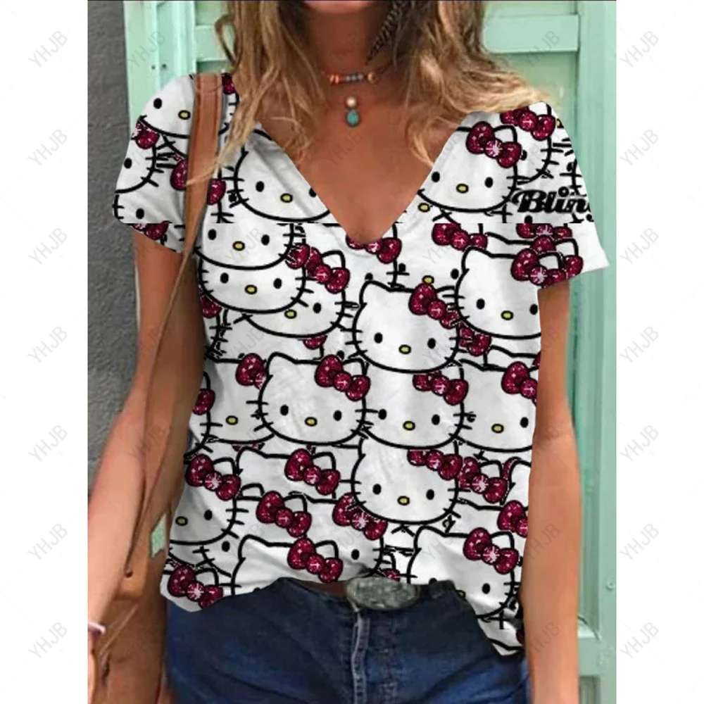 2025 New Sanrio Cute Hello Kitty Fun 3D Printed T-shirt Casual Short Sleeve Comfortable Loose Women's T-Shirt Summer