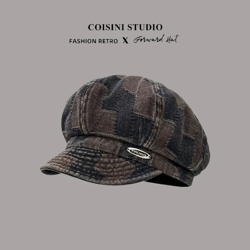 Japanese Fashion Splicing Denim Octagonal Newsboy Caps for Men and Women Spring and Summer Outdoor Big Head Shade Painter Hat