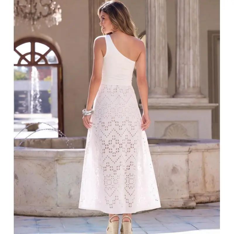 Flaxmaker One Shoulder White Laser Cutting Flower Swimsuit Set 2026 Summer Women Vintage Printed Swimwear Biquini conjunto de