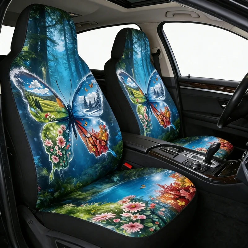 2 Dream Butterfly Car Seat Cover Sets, Natural Landscape Pattern, Universal Seat Protection, Suitable For Both Men And Women, Ea