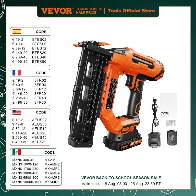 

VEVOR 20V Cordless Finish Nailer Cordless Brad Nailer Kit 16Ga Nails Tool-free Jam Release Battery Powered Framing Nail Gun