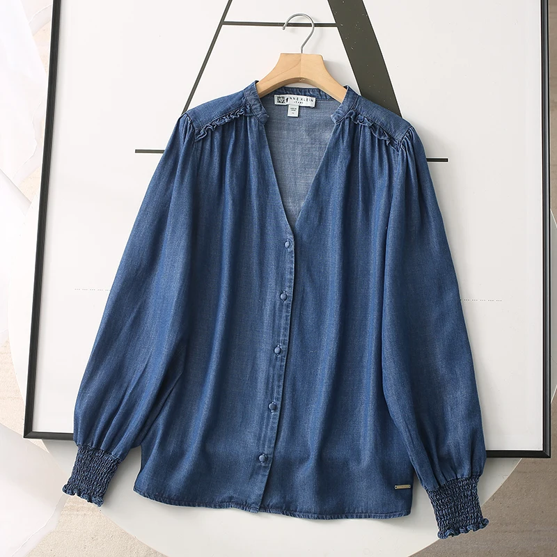 

V-neck Denim Shirt for Women Spring Summer Fashion Black Fungus Edge Single Breasted Soft Loose Tops Female Casual Thin Shirts