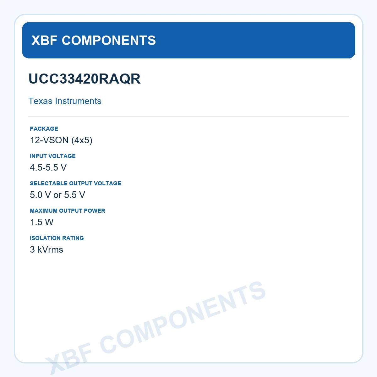UCC33420RAQR Texas Instruments Isolated DC-DC Power Module 4.5-5.5 V 12-VSON (4x5)