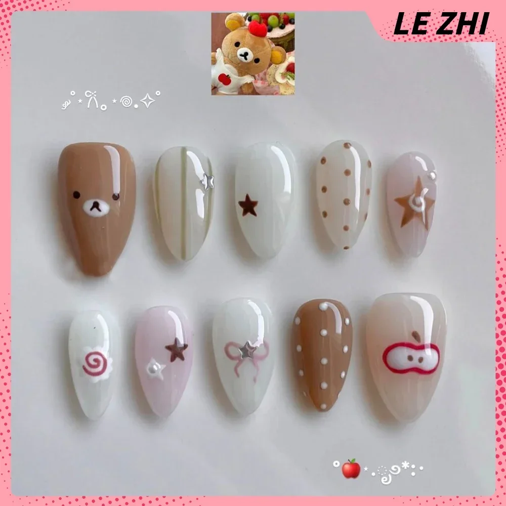 3D Kawaii Hand-Carved Rilakkuma Press On Nails Art Cartoon Animal Rabbit Monkey Cat Sweet Strawberries Fake Nail Gift view 4