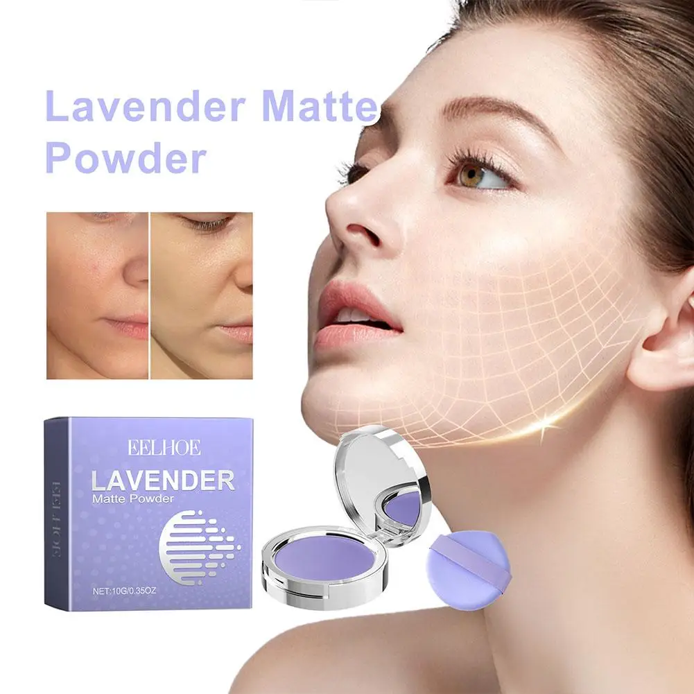 Polvo prensado facial mate de lavanda, compacto, 24H, Control de aceite de larga duración, polvo de ajuste suelto translúcido para maquillaje facial, 10g