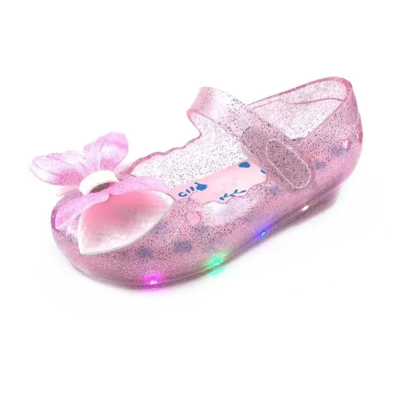 Girls Shoes 2024 Summer New Childrens Sandals Princess Shoes Bow Girl Sandal LED Flashing Light Shining Shoe Baby Walking Shoe