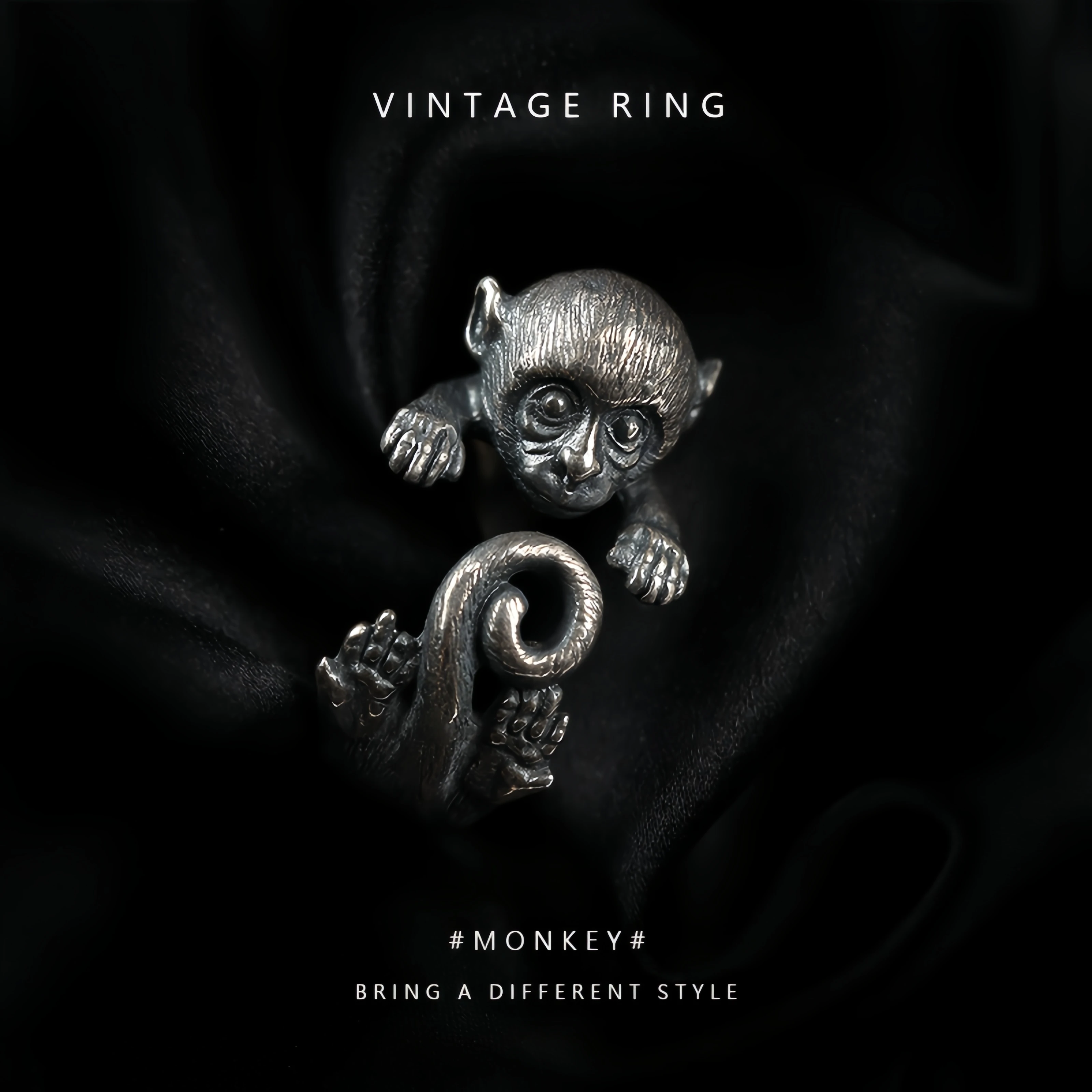 Retro Monkey Adjustable Open Ring for Women Men Silver-plated Copper Gothic Punk Edgy Indie Jewelry Unisex Accessories Cute Gift