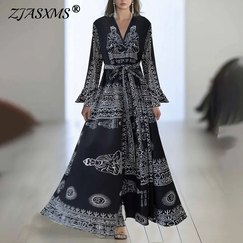 ชาติพันธุ์ Retro รูปแบบพิมพ์หลวมชุดยาวผู้หญิงฤดูใบไม้ผลิ V คอเอวสูง Tie-up ชุดฤดูใบไม้ร่วงแขนยาว Boho Maxi ชุด