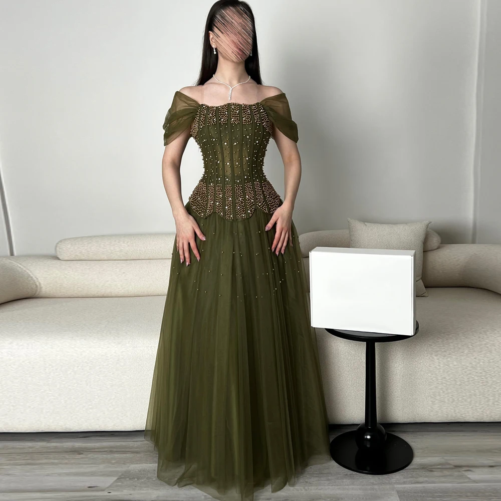 Maßgeschneidertes olivgrünes Abendkleid mit Perlenkorsett, Ballkleider, schulterfrei, A-Linie, Tüll, weiches Hochzeitskleid